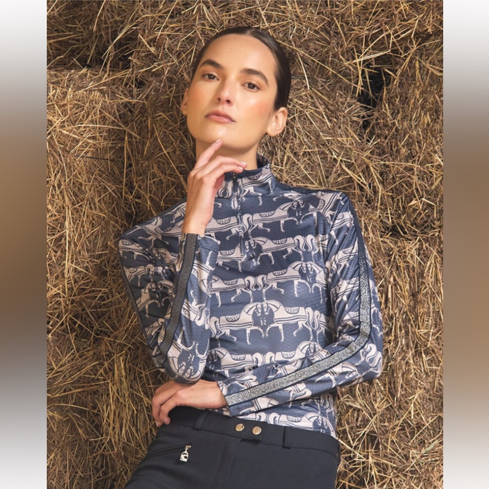 NWOT Rönner Plume Quarter Zip Lightweight in Navy Steed Print Horses - Small